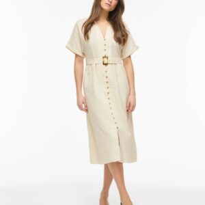 Vilinnen Vestido Midi de Lino y Algodón Beige