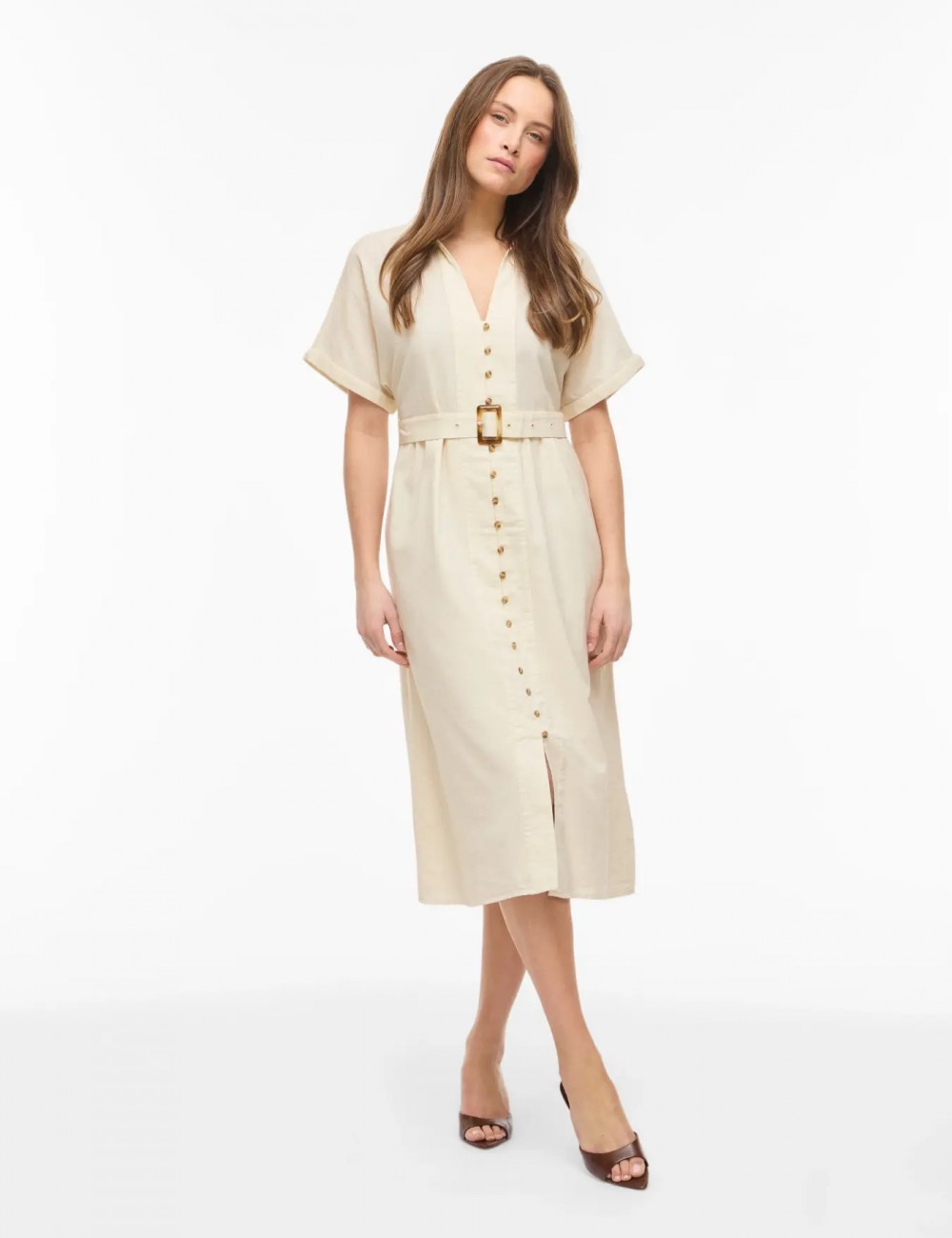 Vilinnen Vestido Midi de Lino y Algodón Beige